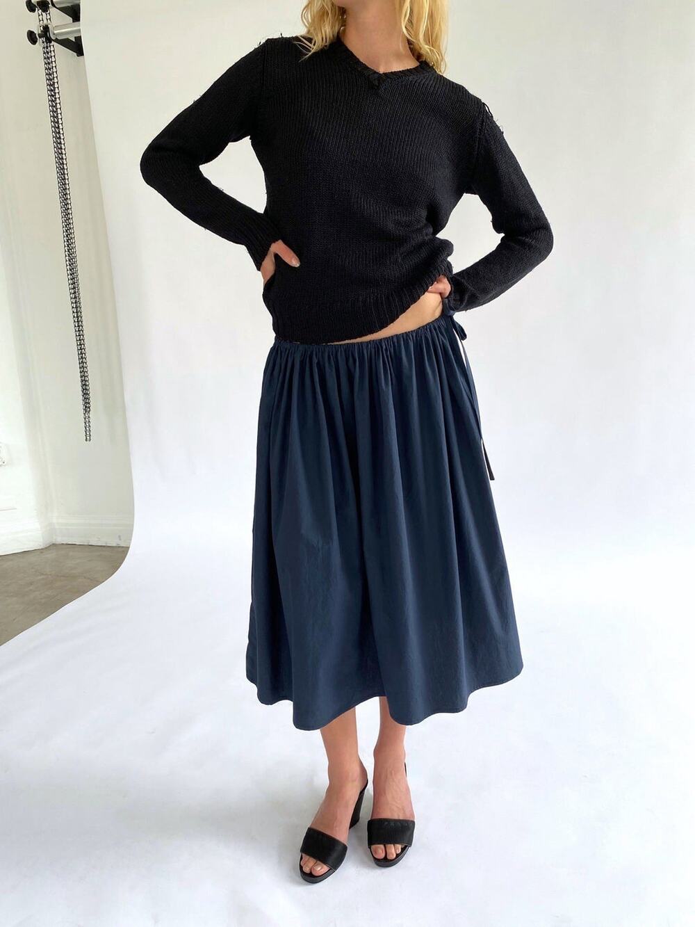Brooke Callahan Navy Blue Cotton Adjustable Tie Midi Skirt Size 3 One Size